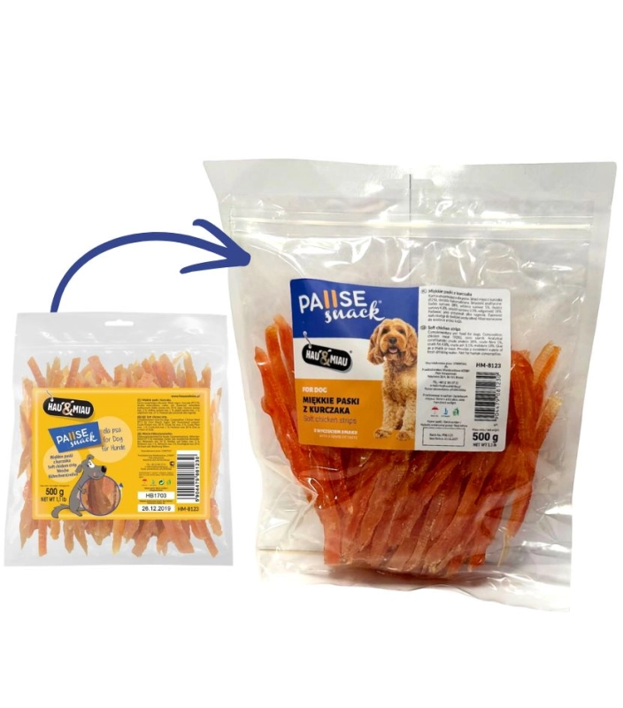 Hau&amp;Miau PauseSnack miękkie paski z kurczaka przysmak smaczki dla psa 500g