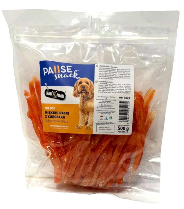 Hau&amp;Miau PauseSnack miękkie paski z kurczaka przysmak smaczki dla psa 500g