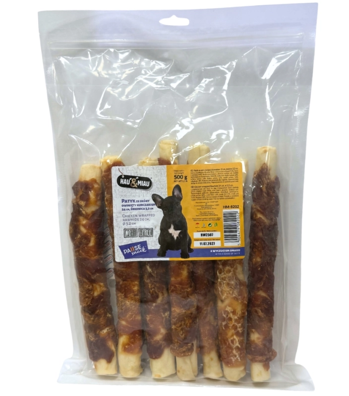 Hau&amp;Miau PauseSnack patyk 24cm ze skóry owinięty kurczakiem dla psa 500g
