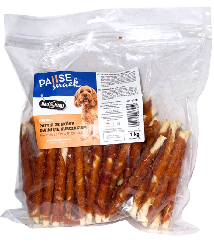 Hau Miau Pausesnack pałeczki ze skóry owinięte kurczakiem dla psa 1kg