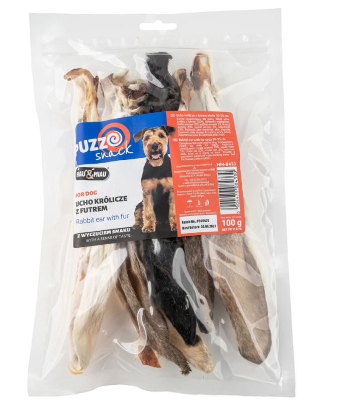 HauMiau Puzzo Snack ucho królicze z futrem naturalny gryzak dla psa 100g