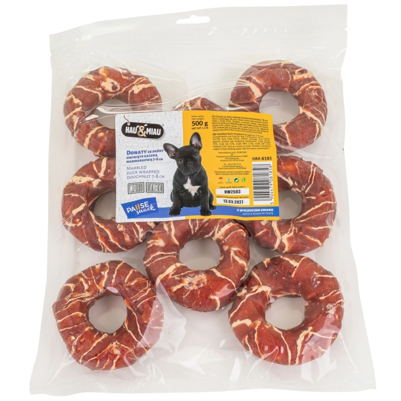 HauMiau PauseSnack donaty ze skóry owinięte kaczką 7cm gryzak dla psa 500g
