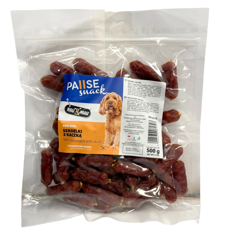 Hau&amp;Miau PauseSnack serdelki kiełbaski z kaczką 5cm przysmak dla psa 500g